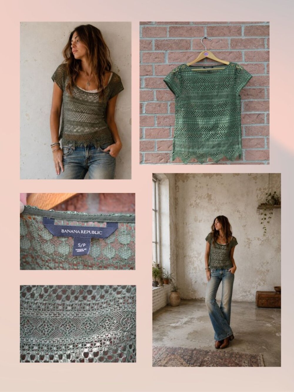 Banana Republic olive lace blouse – romantic boho layering top